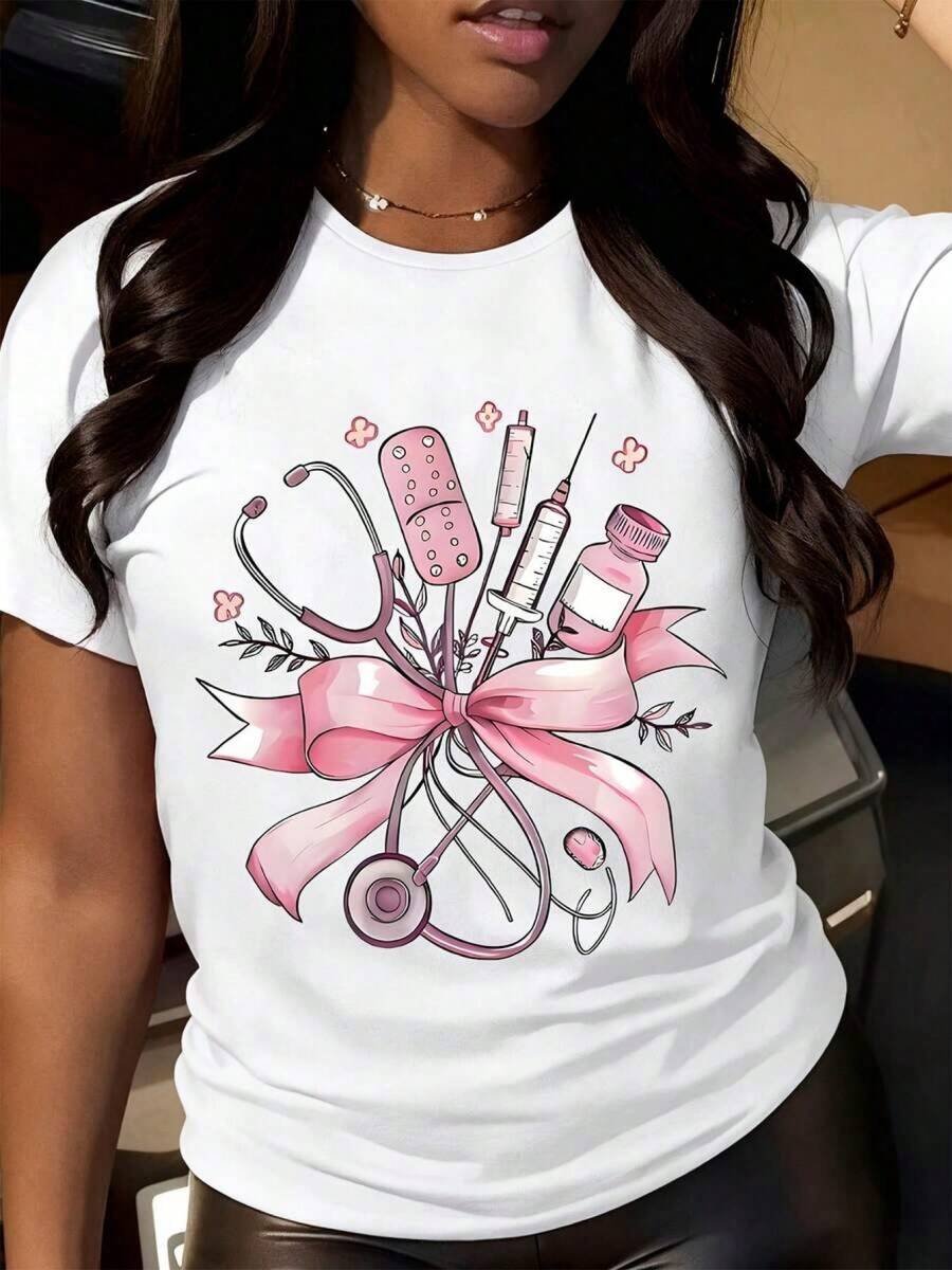 A Nursing-Themed T-Shirt Adorned With A Pink Stethoscope And Various Tools - An Adorable Gift For Healthcare Workers, Ideal For Nurses, Doctors, And Medical Staff. - White - View 1