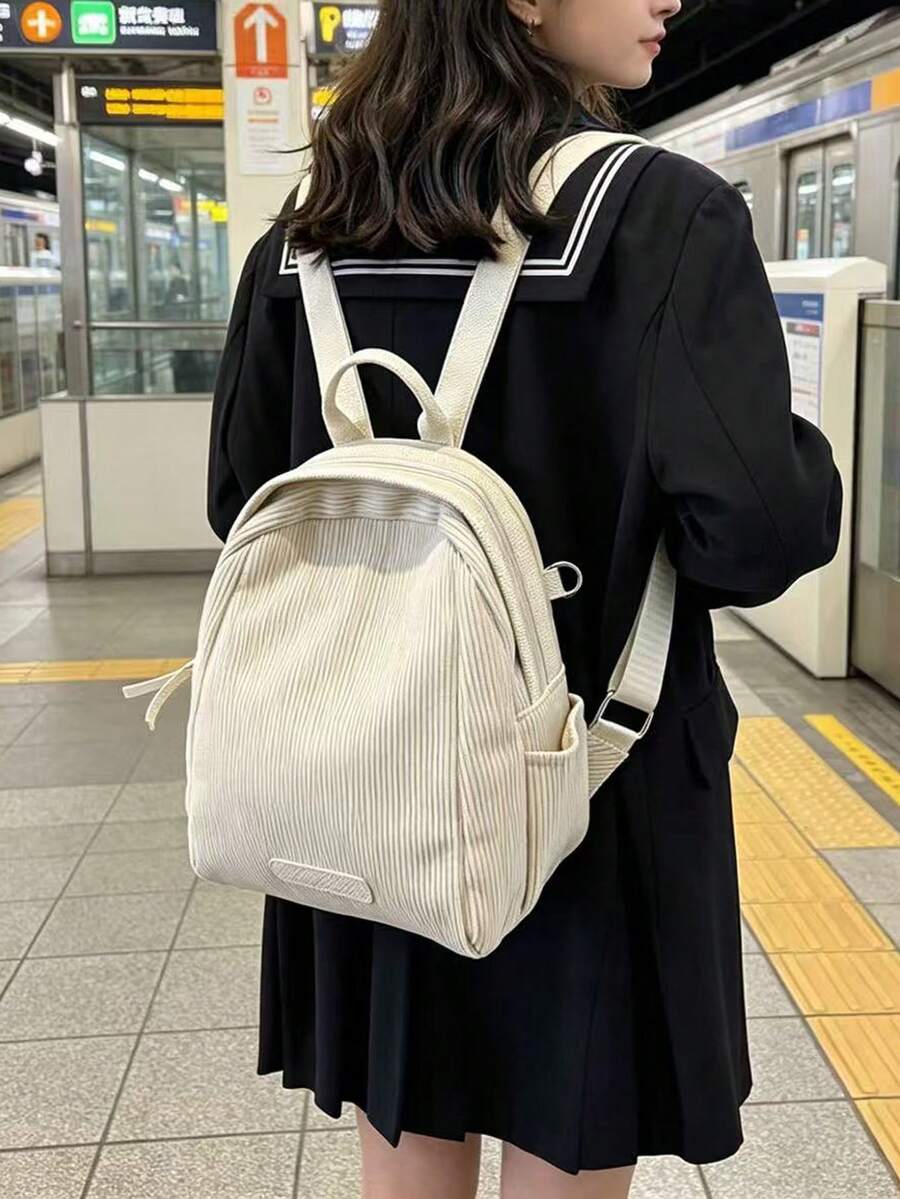 女士灯芯绒迷你背包,休闲轻便日常通勤旅行上学背包 - 米色 - 查看 1
