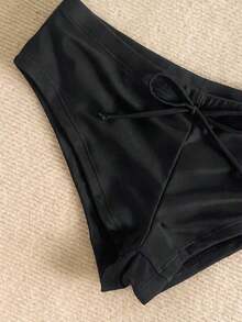 Nuevo conjunto de bikini con estampado de lunares sexy, espalda descubierta y lazo, con tirantes de espagueti para playa y piscina en vacaciones - Color negro sólido - Ver 6