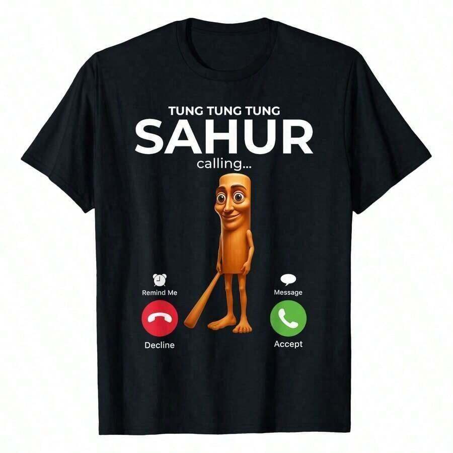 Camiseta con meme divertido de pesca y bromas de "Tung Sahur Calling", camiseta estampada para mujer de 220g, 100% algodón, camiseta retro de manga corta para mujer, cuello redondo, informal, para exteriores, ideal para Año Nuevo, Día de la Madre, Halloween, Navidad, uso diario en las cuatro estaciones, regalos para días festivos. - Negro - Ver 1