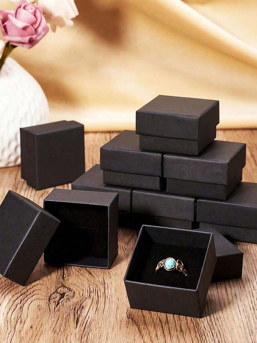 10个装经典黑色纸质珠宝礼盒,创意珠宝盒,黑色戒指盒,适用于求婚、婚礼、订婚、圣诞节等场合,男女皆宜的奢华珠宝礼盒,可收纳戒指、耳环,适用于婚礼派对、情人节、订婚、周年纪念、生日、项链、戒指等节日礼品包装 - 黑色 - 查看 1
