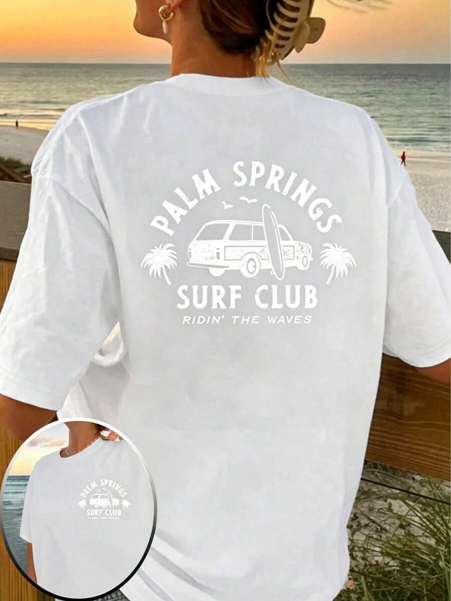 Camiseta de Playa Oversize de Verano con Estampado Gráfico de Chica Surfista con Coco de Palm Springs para Pre-Escuela, para Mujer, Unisex - Blanco - Ver 1