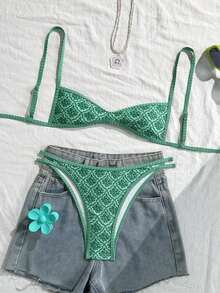 Swim Mod Traje de baño de verano con estampado floral para mujer, con tirantes finos, bikini sexy, vacaciones, ajustado, casual, lindo y juguetón, de dos piezas - Verde - Ver 1