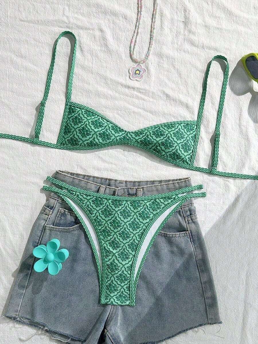 Swim Mod Traje de baño de verano con estampado floral para mujer, con tirantes finos, bikini sexy, vacaciones, ajustado, casual, lindo y juguetón, de dos piezas - Verde - Ver 1