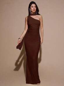 Vestido de malla ajustado con drapeado asimétrico, elegante y sexy vestido de gala para fiesta, boda, cumpleaños, Navidad, Halloween - Amarillo claro - Café integral - Ver 8