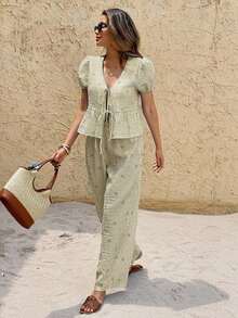 Set de 2 piezas de blusa con manga abullonada y pantalón a rayas con lazo delantero para mujer, para el verano - Caqui - Ver 1