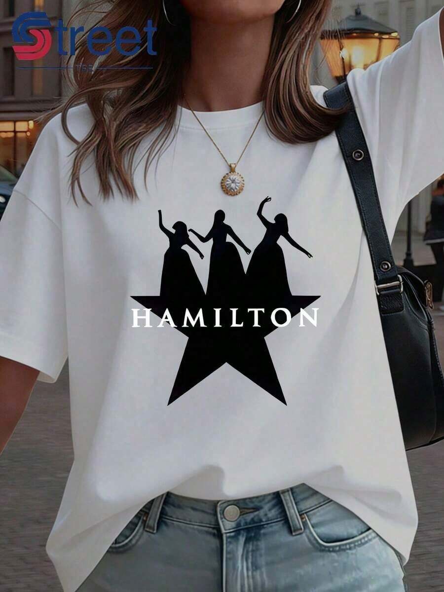 100% Cotton, Y2K Style, Spring/Summer Fashion, Sexy And Sweet Slim-Fit Clothing For Women, Hamilton Musical Themed T-Shirt, Niche Cultural Style, Casual Short Sleeve Design, Simple, Classic And Versatile, Elegant Essential For Summer Parties. - 白色 - 查看 1
