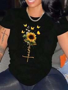 Camiseta de verano con estampado de girasoles, versátil blusa de manga corta y cuello redondo. Fiesta Casual y Dulce, Top Elegante Básico con Hombros Descubiertos, Fiesta en la Playa, Vacaciones Nocturnas, Oficina, Jardín de Casa, Uso Diario, Fiesta de Cumpleaños, Baby Shower, Concierto de Música Country, Escenario y Concierto, Verano - Negro - Ver 1