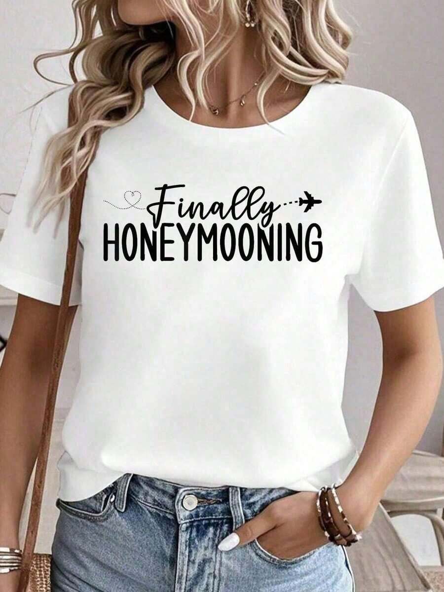 Camisetas gráficas 100% algodón para mujer, tops de verano, camisetas de cuello redondo, ropa de mujer 100% algodón, conjuntos de verano para mujer, camisetas a juego para parejas en luna de miel, camisetas blancas para mujer. - Blanco - Ver 1