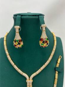 4pcs Rainbow Color Jewelry Set Suitable For Middle East Gala Parties, Popular Gold Necklace Set For Banquet, Daily Date, Formal Dress, Wedding Gown, Featuring Colorful Plated Chain, Teardrop Artificial Zirconia, Luxury Jewelry Set Including Necklace, Earrings, Ring, Bracelet, Sparkling Zirconia 5pcs Set, Necklace, Earrings, Ring, Bracelet, Suitable As Gift For Girlfriend, Mother, Teacher - four piece set - View 6