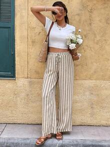 Frenchy Pantalones anchos casuales de mujer con estampado de rayas y cintura con cordón - Caqui - Ver 5