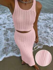 Conjunto de dos piezas de vestido maxi de punto hueco de unicolor vintage elegante para mujer, conjunto casual para ciudad, vacaciones y playa en verano - Rosa - Ver 2