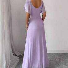 Elenzya Women's Light Purple V-Neck Ruffle Sleeve Pleated Waist Split Dress, Elegant Bridesmaid Dress, Party Gown, Spring/Summer - Azul Marino - Ver 3