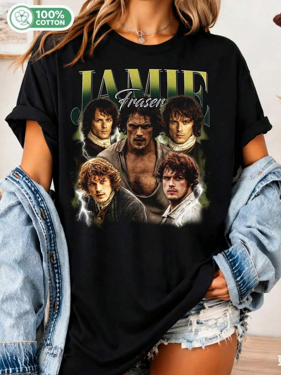 Jamie Fraser Retro T-Shirt, Jamie Fraser Hoodie, Jamie Fraser Sweatshirt, Jamie Fraser Rock-Style Bootleg T-Shirt_............___ - Black - View 1