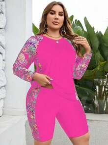 Swim Lushoire Conjunto de bikini sin mangas y con talla grande con estampado aleatorio - Rosa Fucsia - Ver 3