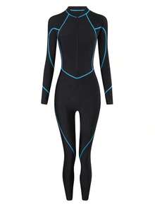 Bikinx Traje de baño de una pieza deportivo con cremallera frontal, manga larga, ajustado, con ribete de contraste de unicolor para vacaciones y playa en verano - Azul - Ver 8