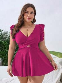 Swim Lushoire Vestido de playa casual con pliegues de unicolor para mujer de talla grande - Rosa Fucsia - Ver 5
