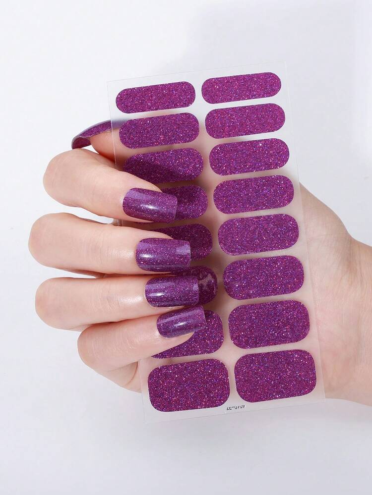 Miếng dán móng tay gel màu hồng san hô không cần nung, màng dầu dưỡng móng, miếng dán móng chống thấm nước, màu trơn, bột hành lá, hiệu ứng chuyển màu gradient, dán toàn bộ móng. - Màu tím - Xem 5
