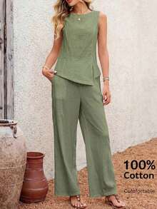 2 piezas Conjunto casual de uso diario con top y pantalones con diseño de abertura de jacquard para mujer - Verde - Ver 1
