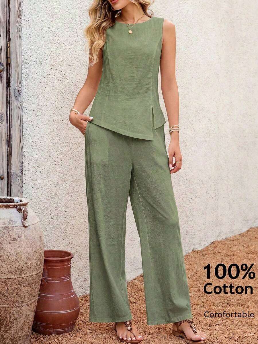 2 piezas Conjunto casual de uso diario con top y pantalones con diseño de abertura de jacquard para mujer - Verde - Ver 1