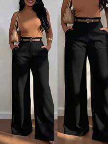 Pantalones casuales de cintura alta, pierna recta y sueltos para mujer, primavera - Negro - Ver 6