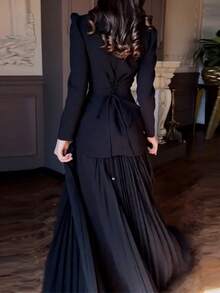 Vestido plisado con pedrería brillante estilo sensual para mujer - Negro - Ver 4