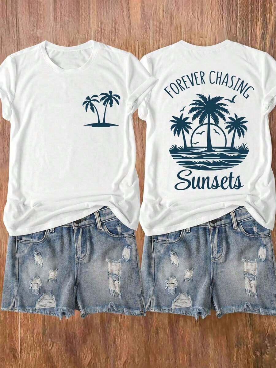 Camiseta de manga corta con cuello redondo y estampado de palmeras y letras de Sunsets Beach, adecuada para uso casual, al aire libre, vacaciones y uso diario en todas las estaciones. - Blanco - Ver 1