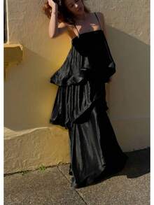 Women's Tiered Ruffle Strapless Maxi Dress, Satin Fabric For Formal Events & Galas - 粉紅色 - 查看 7