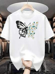 Monochromatic Butterfly With Wings Formed By Numerous White And Green Daisies Symbolizing Freedom, Renewal And Connection With Nature. T-Shirt, 100% Cotton, 220g - 白色的 - 查看 8