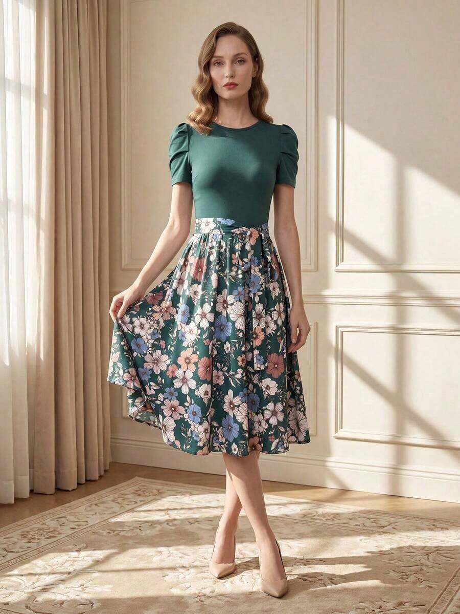 Vestido de verano de longitud media con estampado floral elegante y patchwork para mujer - Verde - Ver 1