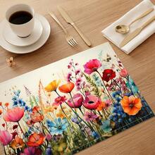 1件/4件/6件装花卉图案亚麻餐垫，适用于餐桌，四季皆宜，现代可水洗餐垫，家居装饰，杯垫，厨房餐垫，室内外派对装饰，理想礼品 - 彩色 - 查看 6