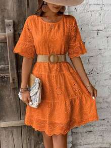 Women's Solid Color Casual Holiday Dress With Openwork Embroidery - Orange - View 6