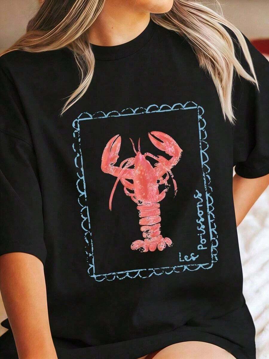 Camiseta con Gráfico de Langosta|   Camiseta desgastada estilo costero francés|   Estilo Coqueta Holgado|   Moda Náutica de Pescador, Camiseta Casual de Manga Corta con Cuello Redondo y Estampado Gráfico para Mujer, Regalo para el Día de la Madre o Pascua - Negro - Ver 1