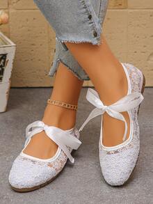 1 Paio di Eleganti Scarpe Mary Jane con Ricamo Floreale in Rete e Allacciatura, Punta Tonda, Scarpe da Ballo Slip-On Adatte per Vacanze, Casual, Quotidiano, Spiaggia, Servizi Fotografici - Bianco - Visualizzare 4