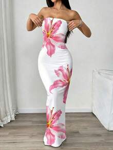 Vestido midi ajustado bandeau con estampado floral, estilo de vacaciones en la playa para mujer - Multicolor 2 - Ver 3