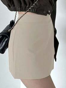 Falda pantalón de verano casual de unicolor con abertura lateral para mujer - Beis - Ver 2