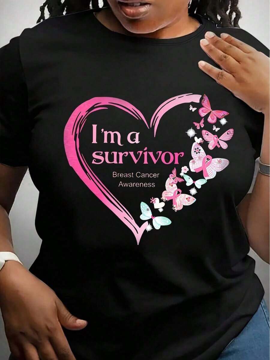 Diseño simple y versátil, estampado de mariposas en forma de corazón, ropa de verano casual y a la moda, camiseta de mujer de cuello redondo y corte holgado, camiseta de algodón puro. - Negro - Ver 1