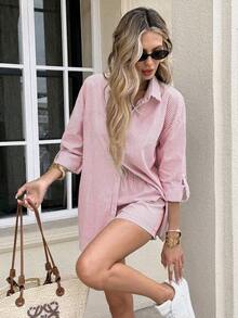 Conjunto de camisa y pantalones cortos de rayas verticales de moda para mujer - Rosa - Ver 5