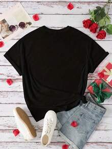 Playera de Mujer con Estampado de Gesto de Mano y Corazones Rojos Estilo Minimalista Aesthetic Manga Corta Suave Casual - Negro - Ver 6