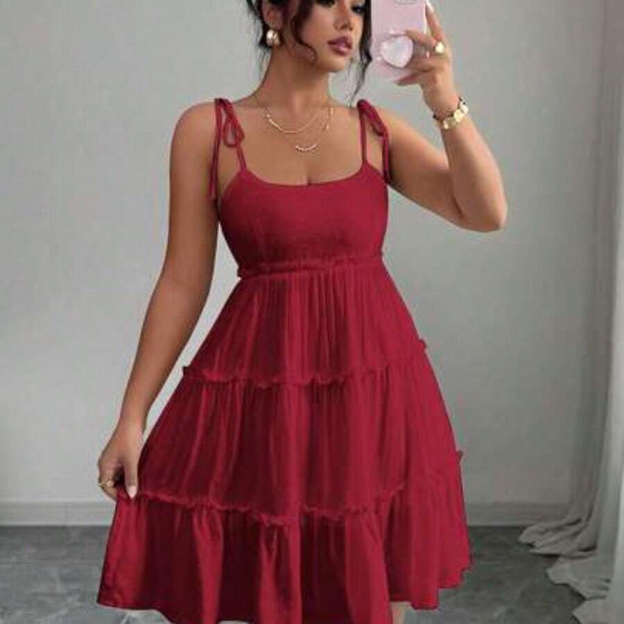 Elenzya Swiss Dot Frill Trim Cami Dress Vacation Beach Outfits Women Lilac Dress Women Purple Summer Dress - Rojo - Ver 1