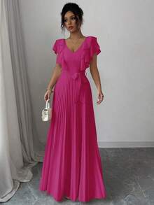 Vestido elegante y romántico de mujer con cuello en V, cintura con volantes y silueta en A - Rosa Fucsia - Ver 3