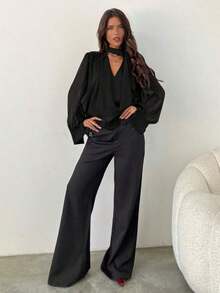 Blusa elegante de gasa con cuello en V profundo y mangas largas con lazo para mujer - Negro - Ver 3