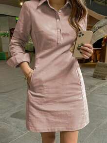 Vestido corto elegante de mujer con manga larga, estilo de moda casual con solapa y decoración de botones, para primavera y otoño - Rosa vieja - Ver 3