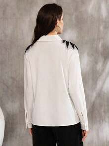 Blusa blanca de manga larga con estilo francés elegante y brillante de Aliao, digna y apropiada, adecuada para mujeres en primavera, festivales, vacaciones, conciertos y otras ocasiones, color negro - Multicolor - Ver 5