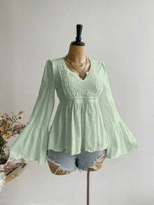 Blusa casual de mujer con mangas acampanadas en color amarillo, estilo bohemio adecuada para Pascua, playa, Hawái, festival de música Coachella, vacaciones tropicales - Verde - Ver 5