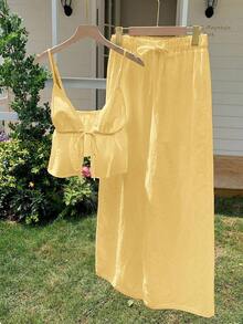 2 piezas de top de tirantes y pantalones de lino de verano para mujeres - amarillo ganso - Ver 5