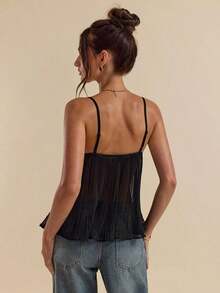 Camisola de Encaje y Chifón Negra con Cuello en V y Tirantes Ajustables para Mujer, Ideal para Vacaciones, Primavera/Verano - Negro - Ver 2