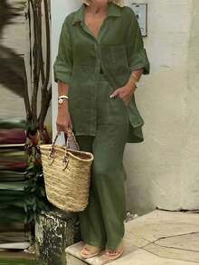 Cardigan casual con cuello polo ligero, blusa elegante de unicolor versátil adecuada para la playa, el diario, el trabajo, las compras, de tela suave, pantalones sueltos con cintura elástica, conjunto de 2 piezas, primavera/verano/otoño - Verde - Ver 4