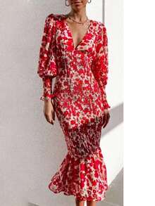 Vestido largo sirena primavera ajustado cintura cadera elegante estilo glamour europeo - Rojo - Ver 10