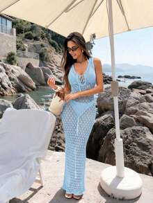 Vestido largo de punto de verano/primavera 2026 para mujer con cuello en V azul, cintura con lazo, diseño de textura calada, estilo bohemio, elegante y casual, ideal para vacaciones en la playa y fiestas, adecuado para viajes a la isla - azul claro - Ver 10